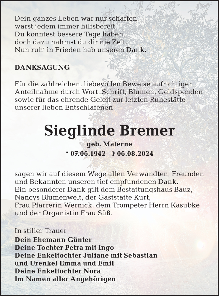  Traueranzeige für Sieglinde Bremer vom 07.09.2024 aus Lausitzer Rundschau