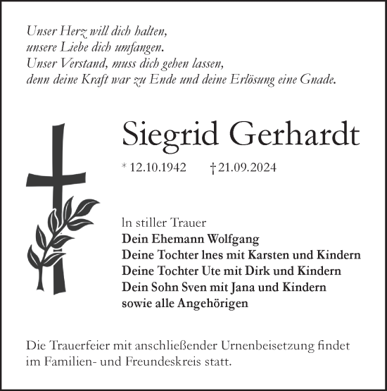 Traueranzeige von Siegrid Gerhardt von Lausitzer Rundschau