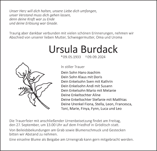 Traueranzeige von Ursula Burdack von Lausitzer Rundschau