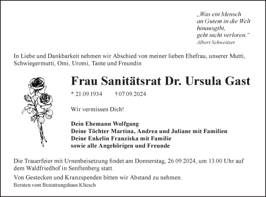 Traueranzeige von Ursula Gast von Lausitzer Rundschau