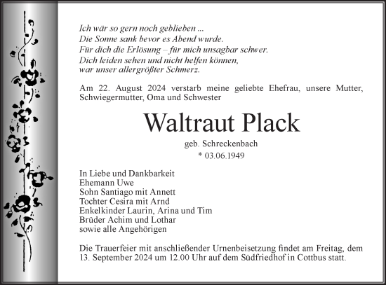 Traueranzeige von Waltraut Plack von Lausitzer Rundschau
