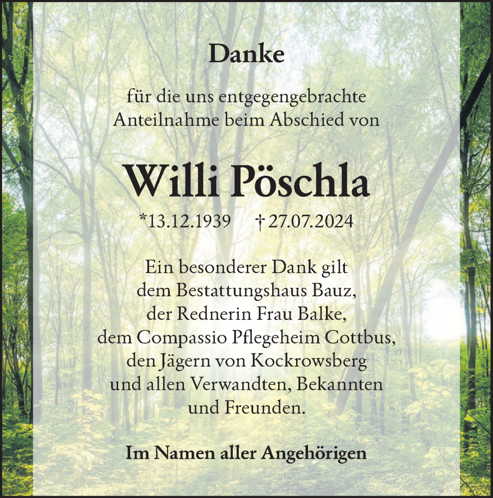 Traueranzeige für Willi Pöschla vom 07.09.2024 aus Lausitzer Rundschau