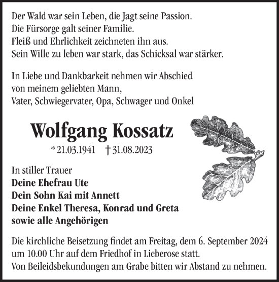 Traueranzeige von Wolfgang Kossatz von Lausitzer Rundschau