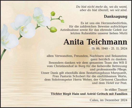 Traueranzeige von Anita Teichmann von Lausitzer Rundschau