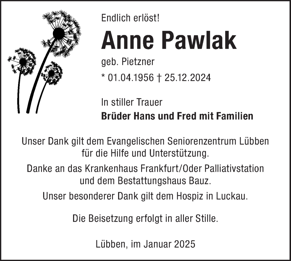  Traueranzeige für Anne Pawlak vom 11.01.2025 aus Lausitzer Rundschau