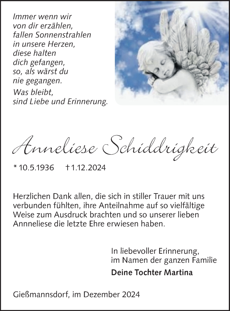  Traueranzeige für Anneliese Schiddrigkeit vom 25.01.2025 aus Lausitzer Rundschau