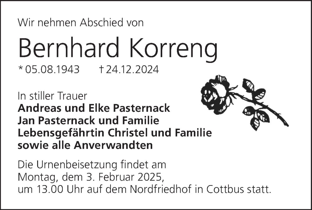  Traueranzeige für Bernhard Korreng vom 25.01.2025 aus Lausitzer Rundschau
