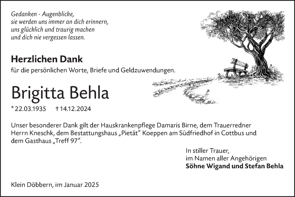  Traueranzeige für Brigitta Behla vom 18.01.2025 aus Lausitzer Rundschau