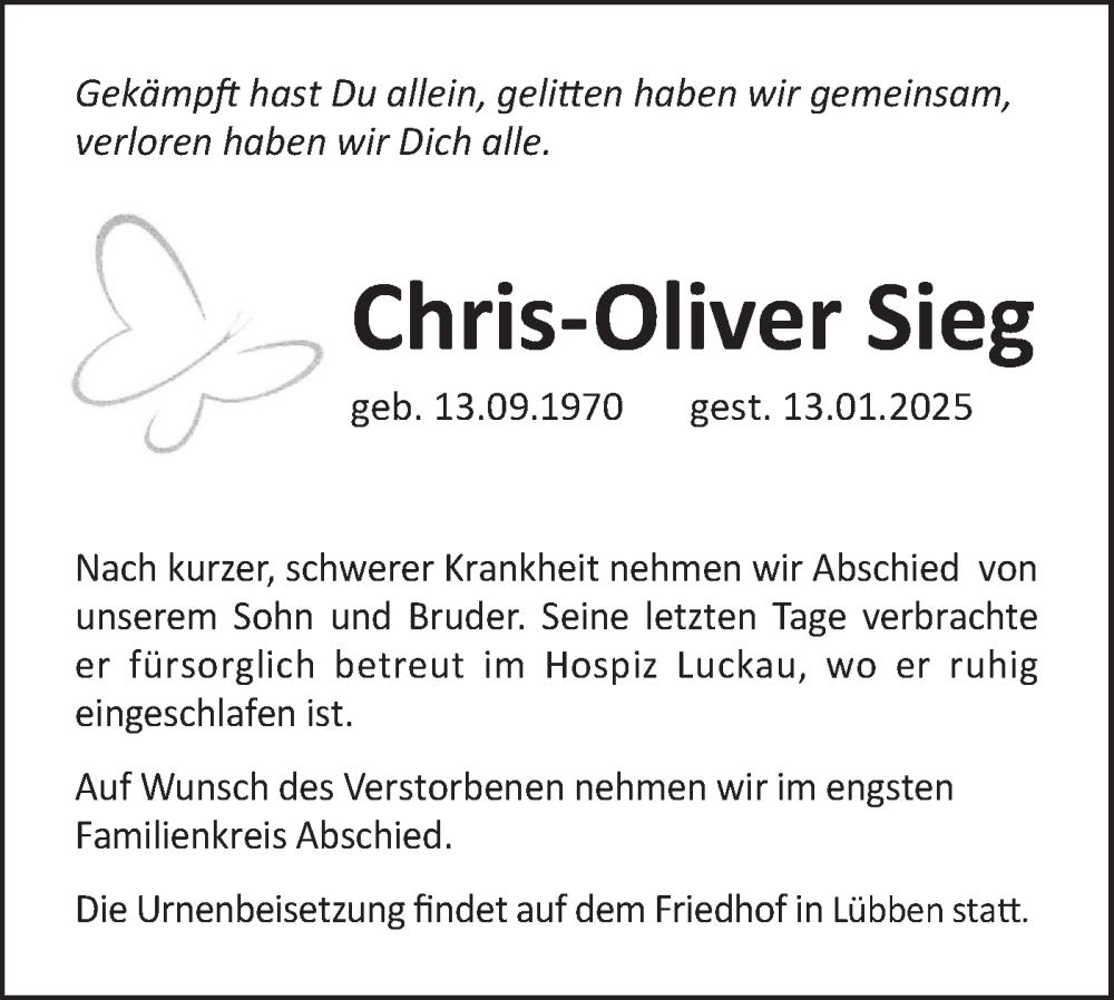  Traueranzeige für Chris-Oliver Sieg vom 25.01.2025 aus Lausitzer Rundschau
