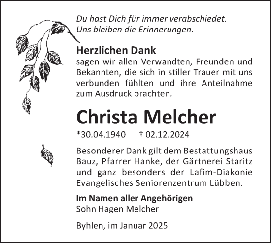 Traueranzeige von Christa Melcher von Lausitzer Rundschau