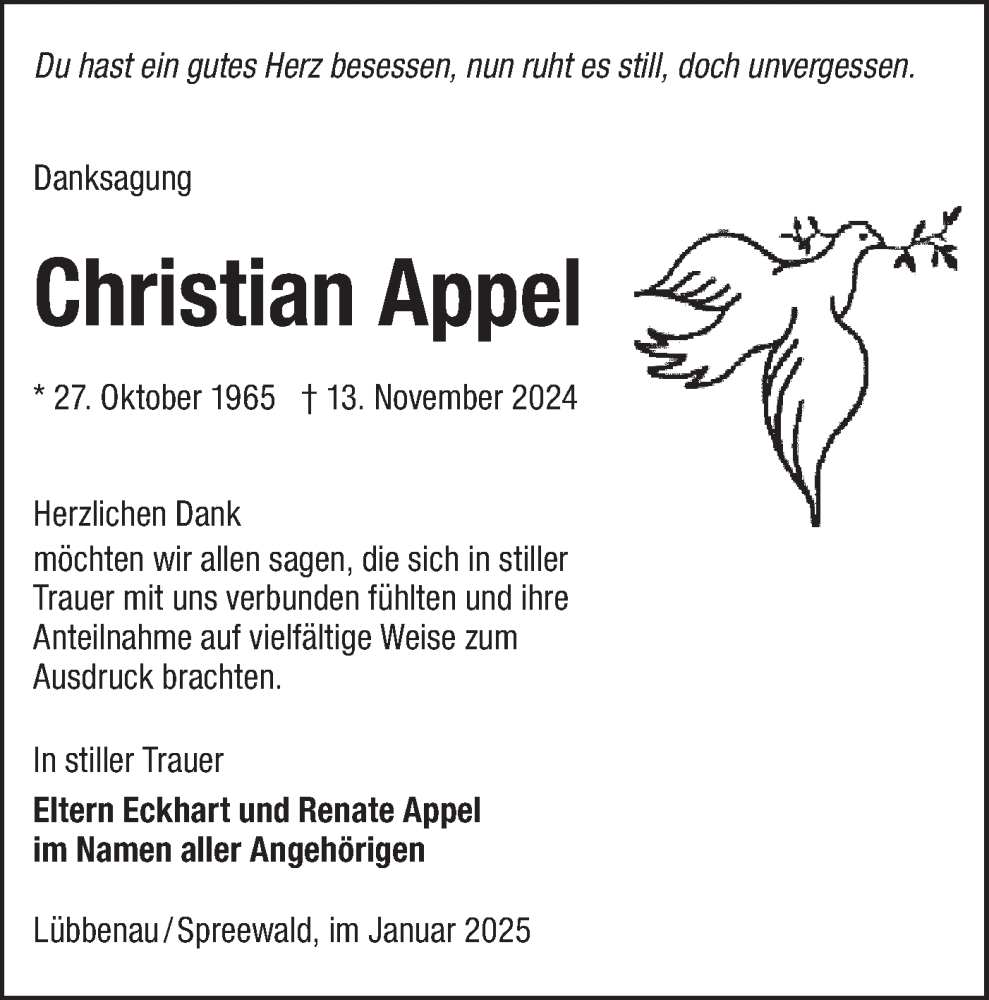  Traueranzeige für Christian Appel vom 11.01.2025 aus Lausitzer Rundschau