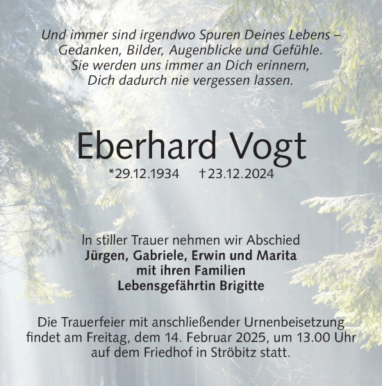Traueranzeige von Eberhard Vogt von Lausitzer Rundschau