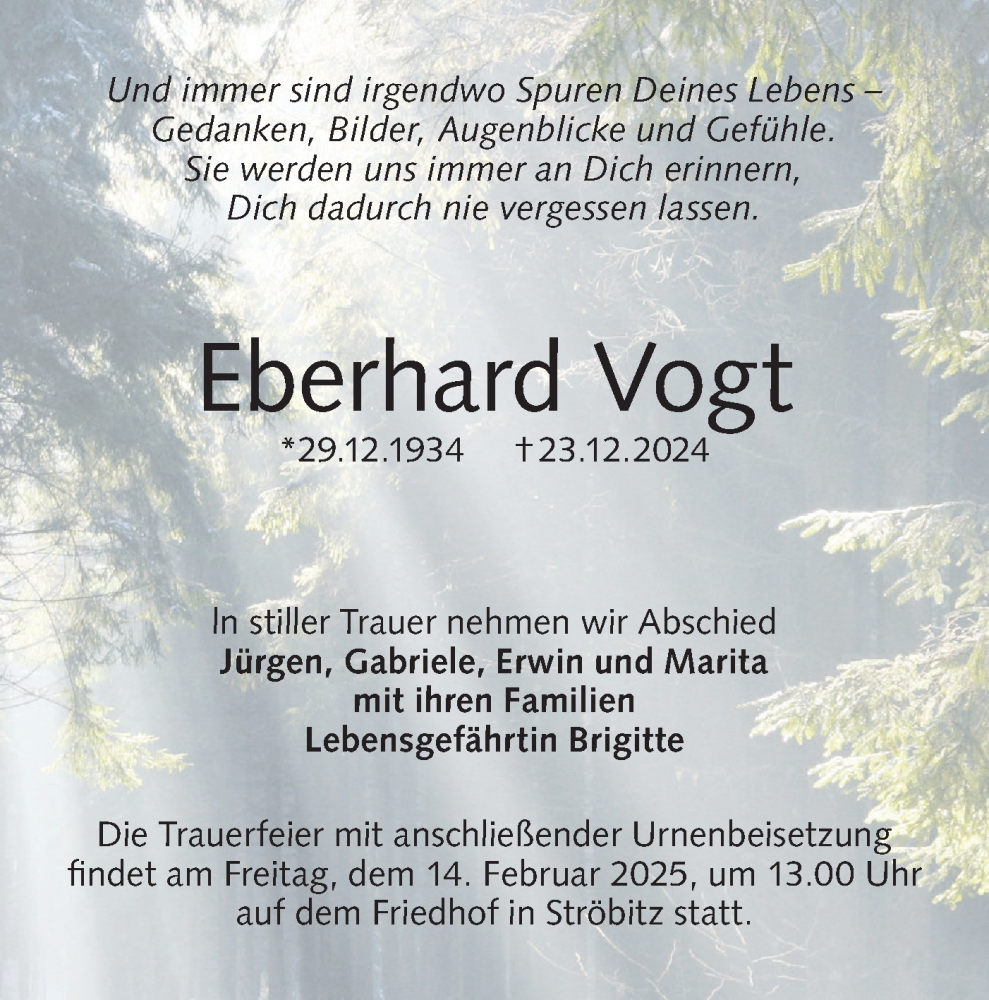  Traueranzeige für Eberhard Vogt vom 25.01.2025 aus Lausitzer Rundschau