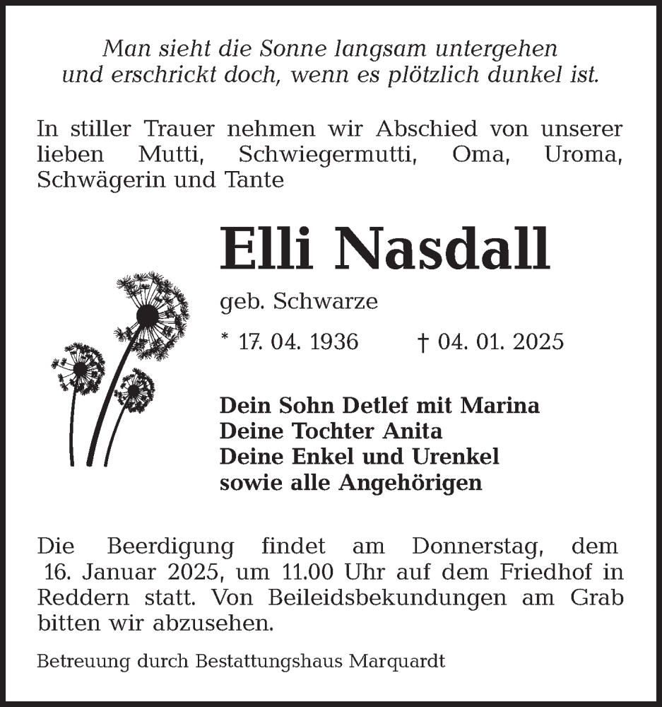  Traueranzeige für Elli Nasdall vom 11.01.2025 aus Lausitzer Rundschau