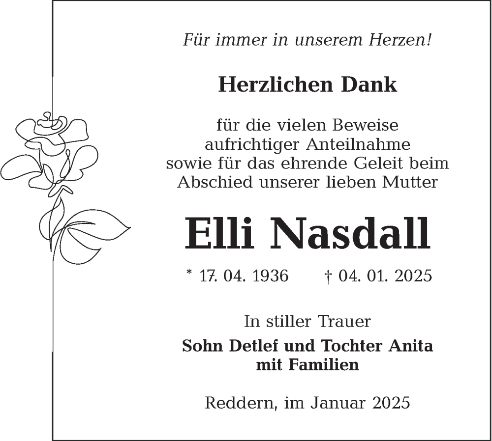  Traueranzeige für Elli Nasdall vom 25.01.2025 aus Lausitzer Rundschau