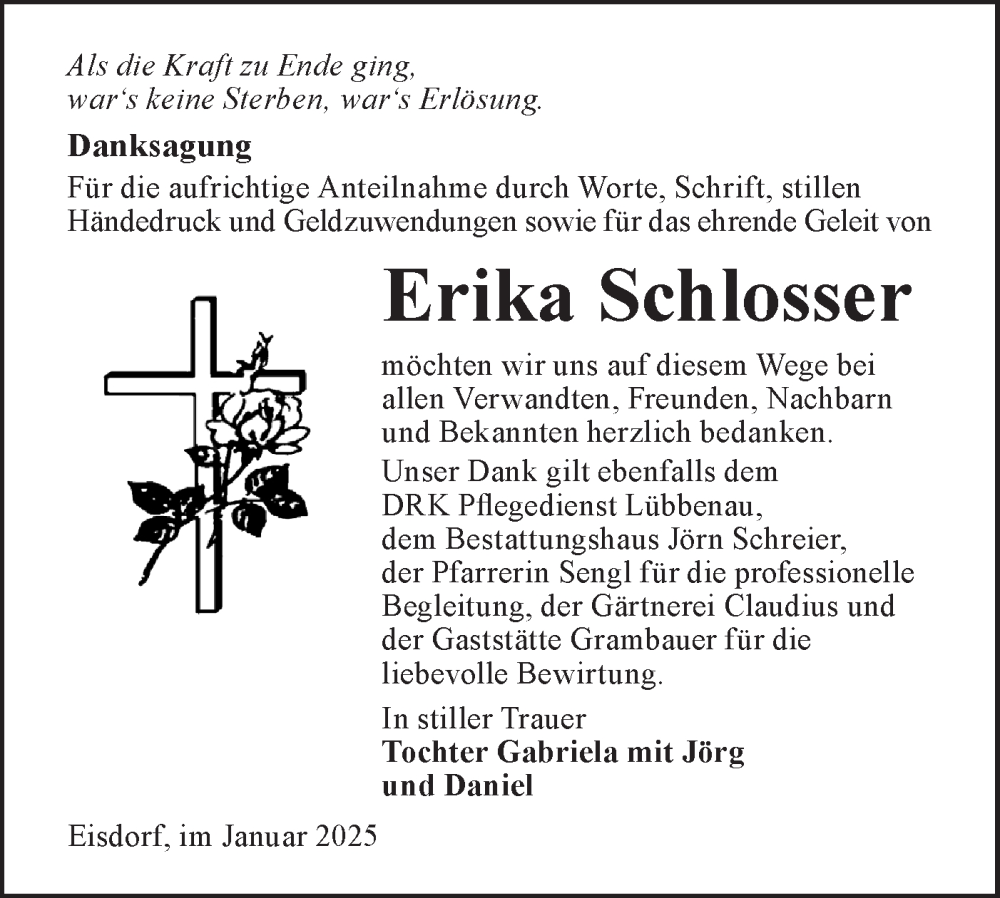  Traueranzeige für Erika Schlosser vom 18.01.2025 aus Lausitzer Rundschau