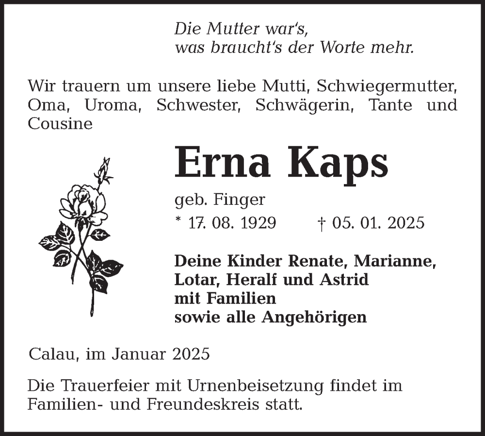  Traueranzeige für Erna Kaps vom 11.01.2025 aus Lausitzer Rundschau