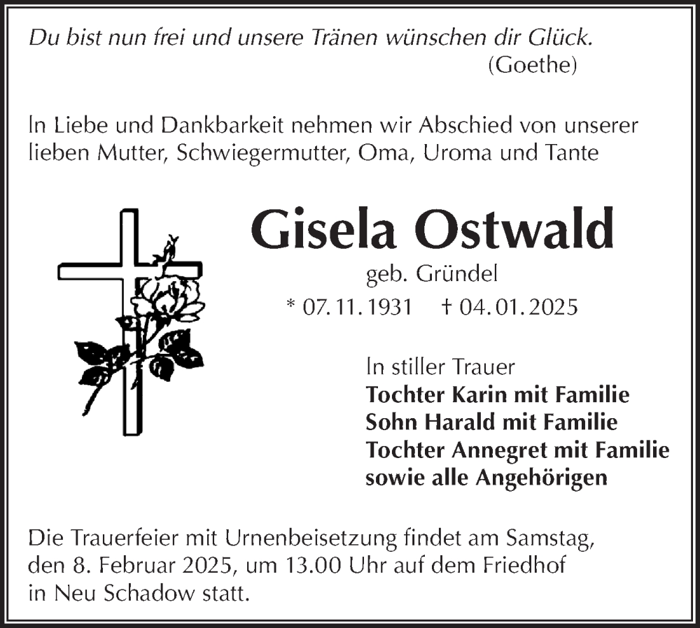  Traueranzeige für Gisela Ostwald vom 25.01.2025 aus Lausitzer Rundschau