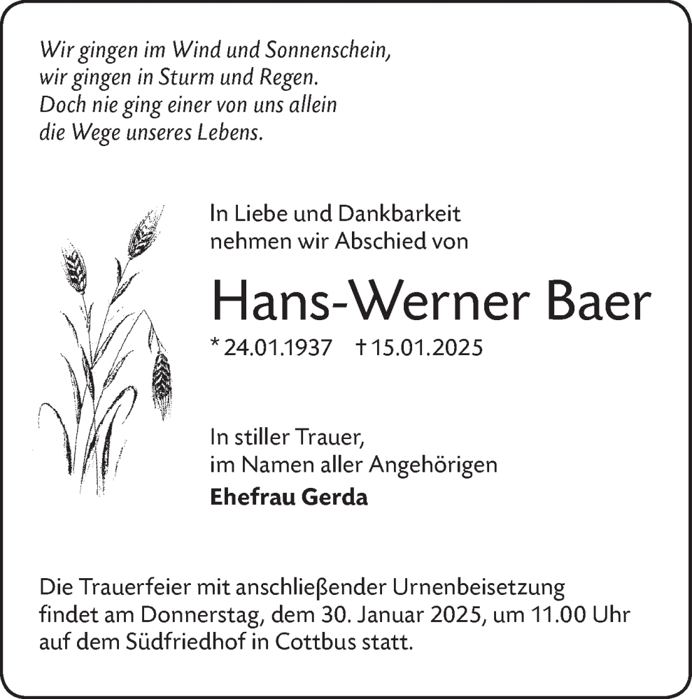  Traueranzeige für Hans-Werner Baer vom 25.01.2025 aus Lausitzer Rundschau