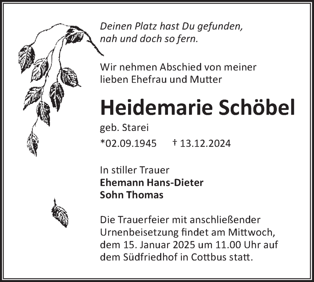  Traueranzeige für Heidemarie Schöbel vom 04.01.2025 aus Lausitzer Rundschau