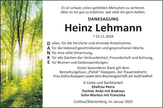 Traueranzeige von Heinz Lehmann von Lausitzer Rundschau