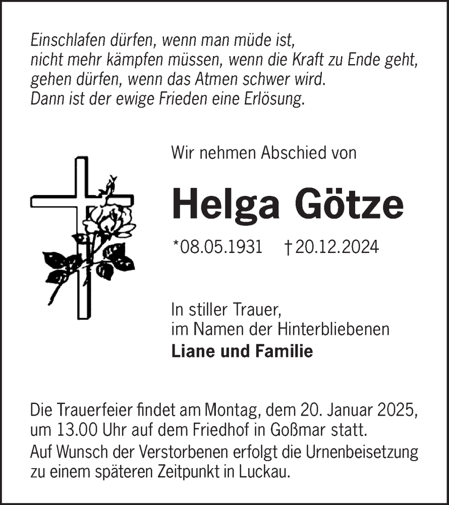  Traueranzeige für Helga Götze vom 11.01.2025 aus Lausitzer Rundschau