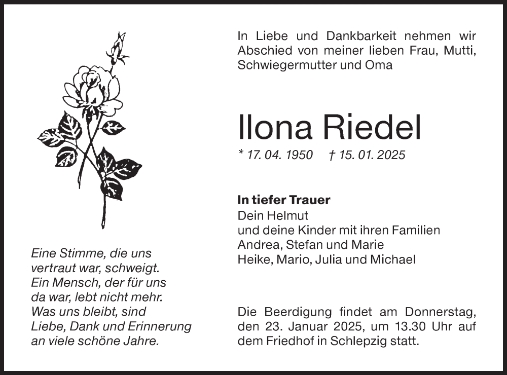  Traueranzeige für Ilona Riedel vom 21.01.2025 aus Lausitzer Rundschau