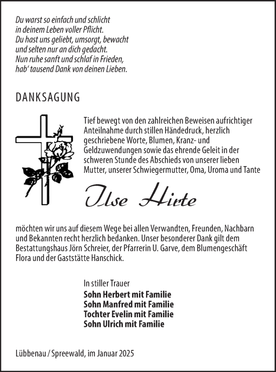 Traueranzeige von Ilse Hirte von Lausitzer Rundschau