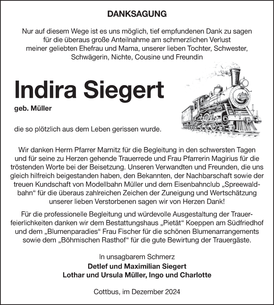  Traueranzeige für Indira Siegert vom 11.01.2025 aus Lausitzer Rundschau