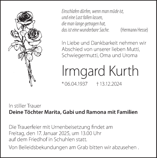 Traueranzeige von Irmgard Kurth von Lausitzer Rundschau