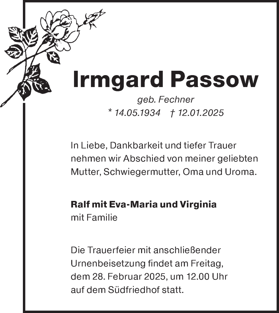  Traueranzeige für Irmgard Passow vom 25.01.2025 aus Lausitzer Rundschau