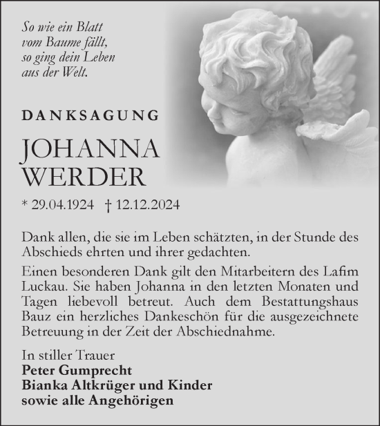 Traueranzeige von Johanna Werder von Lausitzer Rundschau