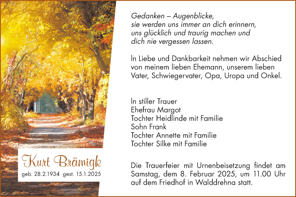  Traueranzeige für Kurt Brämigk vom 25.01.2025 aus Lausitzer Rundschau