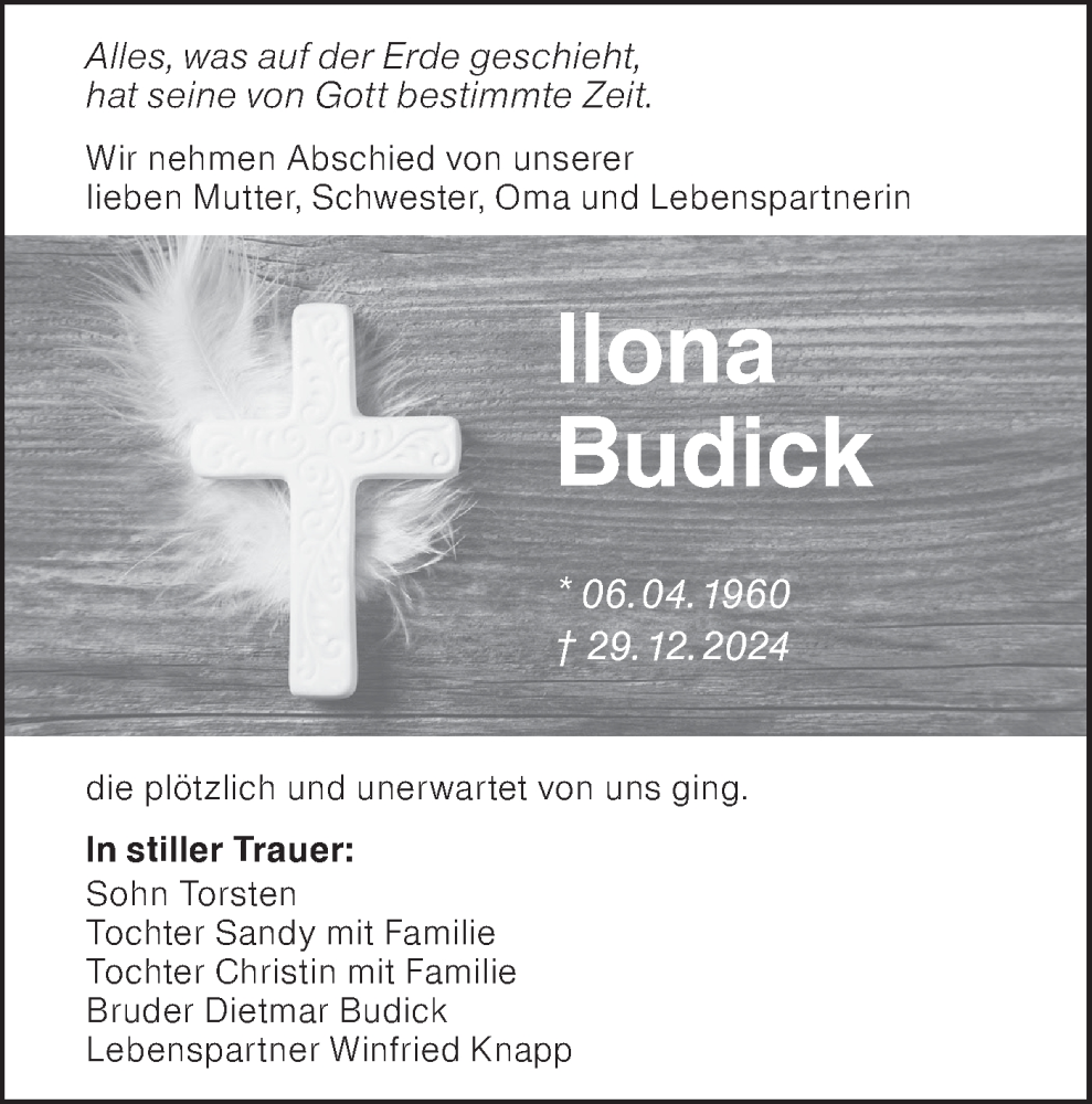  Traueranzeige für llona Budick vom 11.01.2025 aus Lausitzer Rundschau