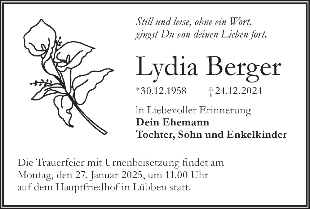  Traueranzeige für Lydia Berger vom 18.01.2025 aus Lausitzer Rundschau
