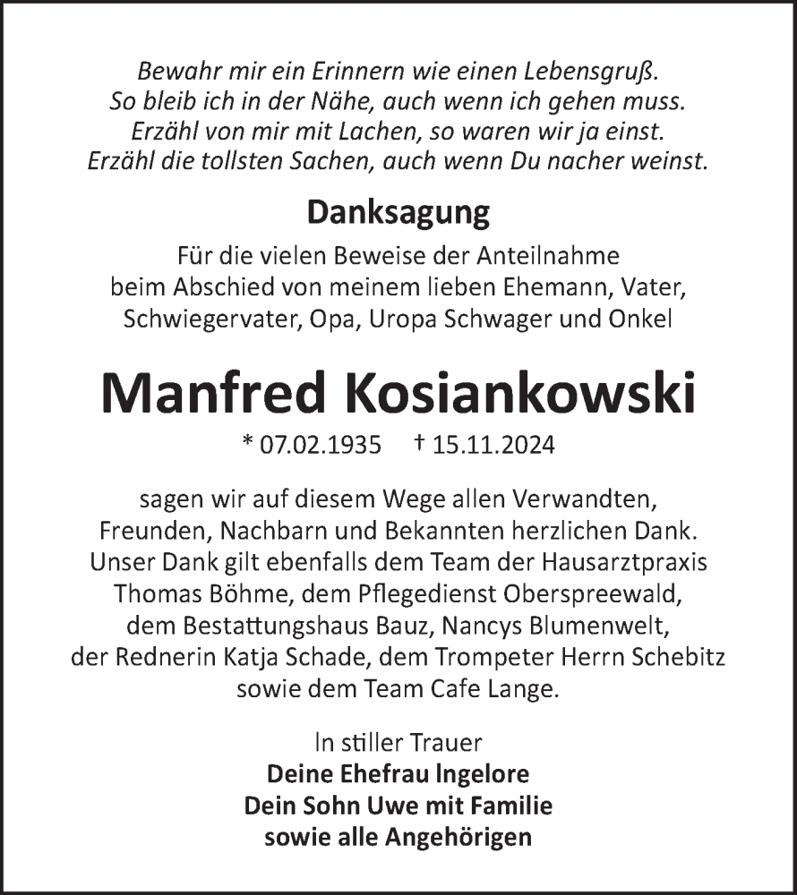  Traueranzeige für Manfred Kosiankowski vom 18.01.2025 aus Lausitzer Rundschau