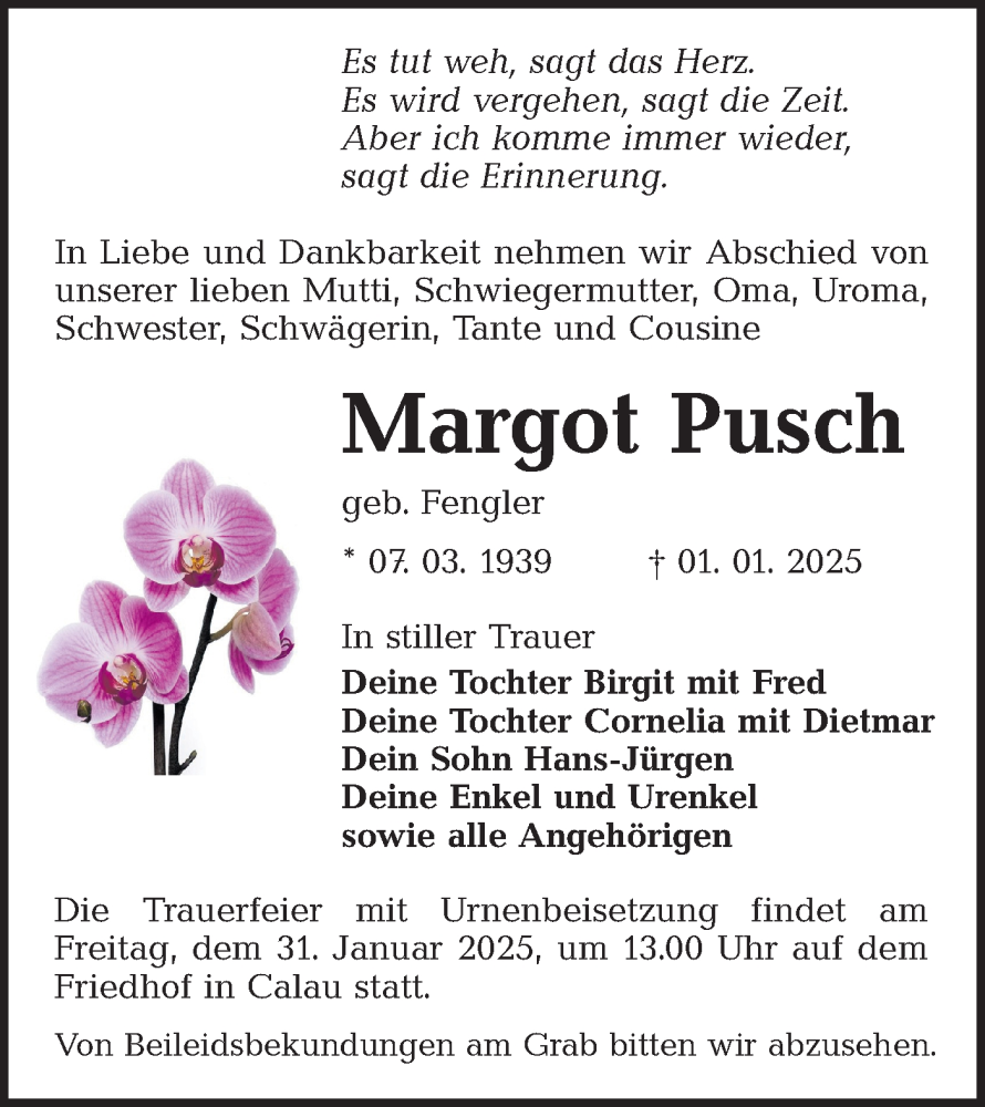  Traueranzeige für Margot Pusch vom 11.01.2025 aus Lausitzer Rundschau