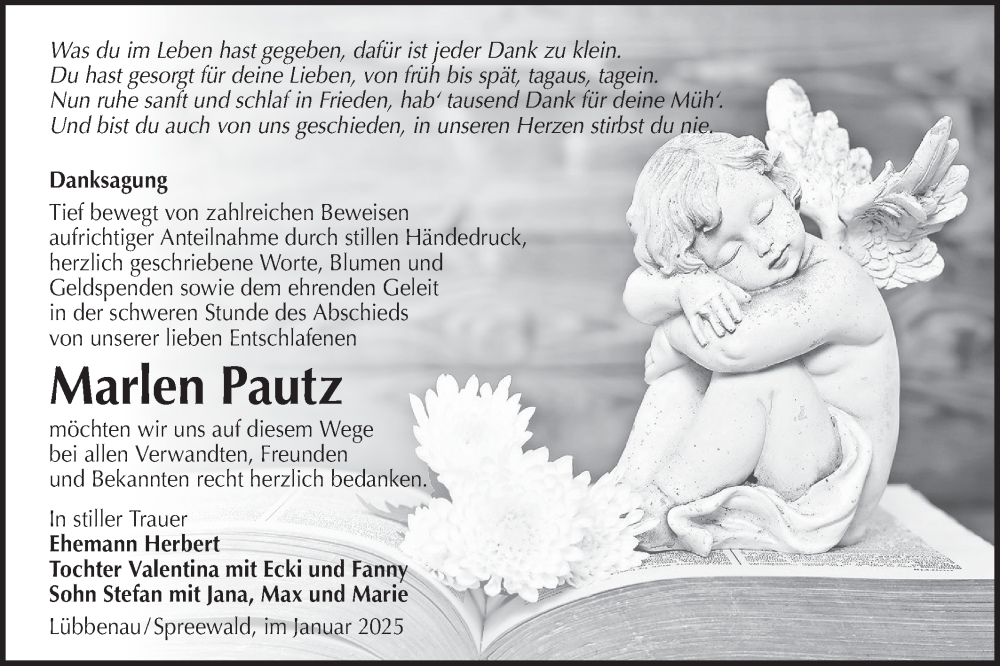  Traueranzeige für Marlen Pautz vom 11.01.2025 aus Lausitzer Rundschau