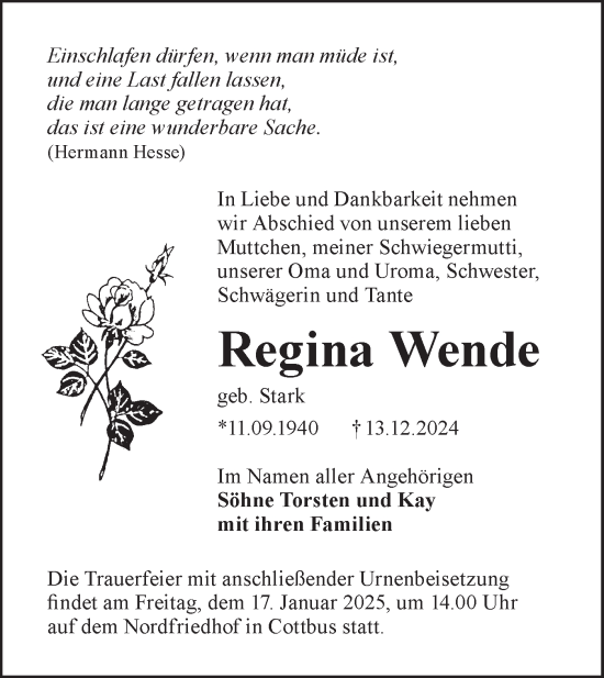 Traueranzeige von Regina Wende von Lausitzer Rundschau