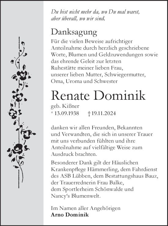 Traueranzeige von Renate Dominik von Lausitzer Rundschau