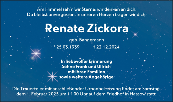 Traueranzeige von Renate Zickora von Lausitzer Rundschau