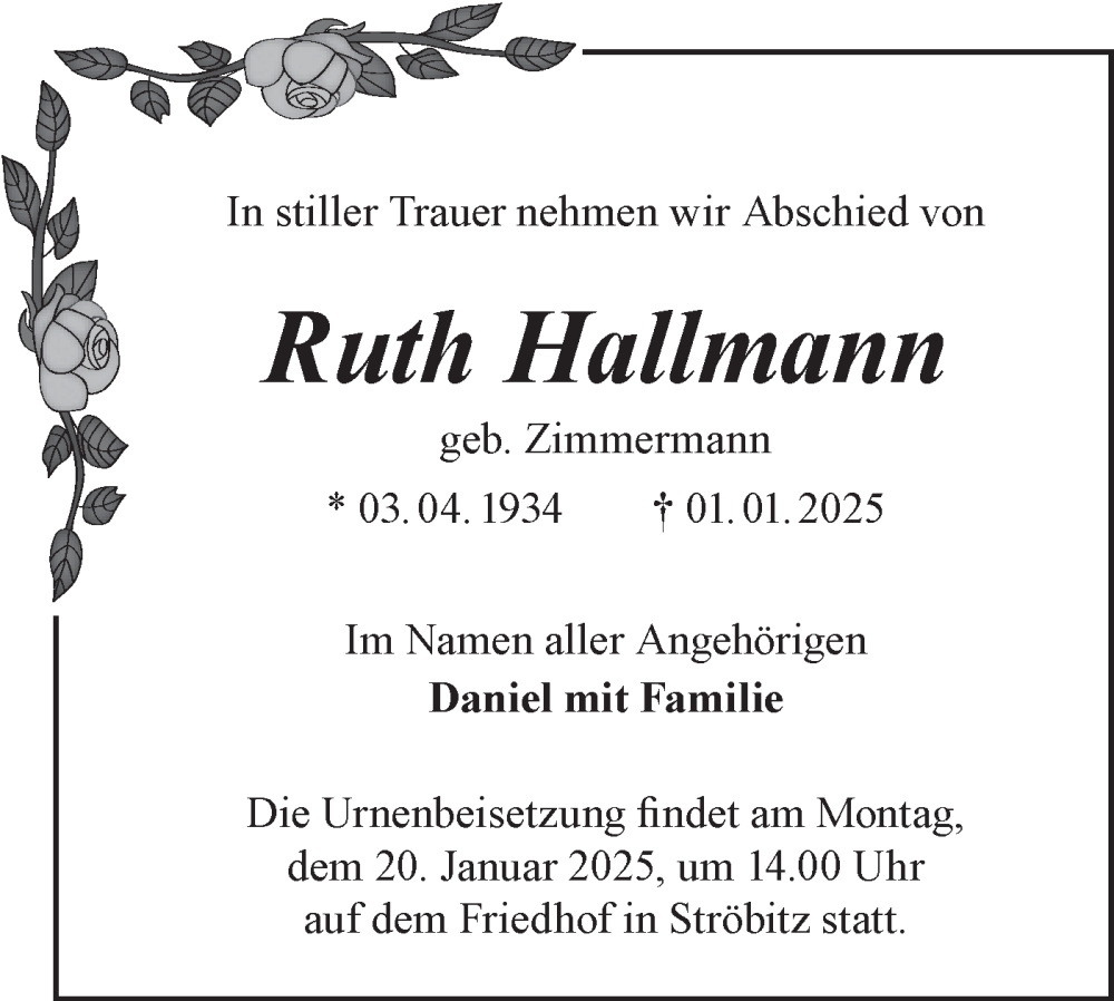  Traueranzeige für Ruth Hallmann vom 18.01.2025 aus Lausitzer Rundschau