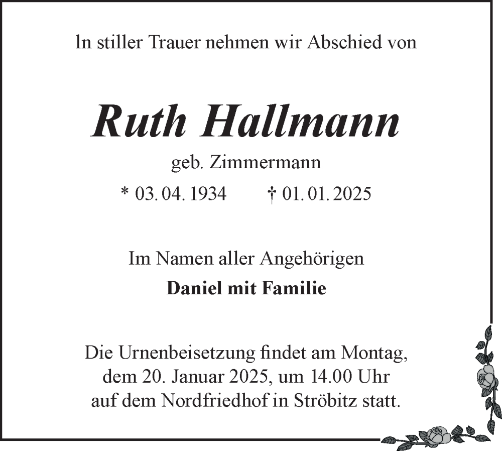  Traueranzeige für Ruth Hallmann vom 18.01.2025 aus Lausitzer Rundschau