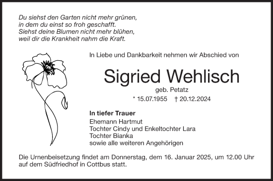 Traueranzeige von Sigried Wehlisch von Lausitzer Rundschau