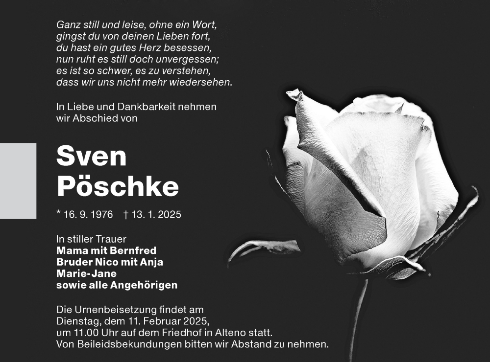  Traueranzeige für Sven Pöschke vom 25.01.2025 aus Lausitzer Rundschau