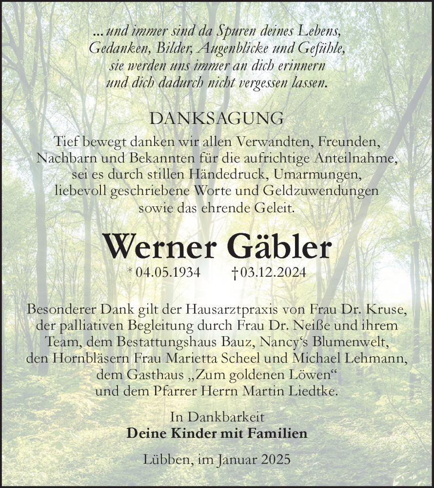  Traueranzeige für Werner Gäbler vom 18.01.2025 aus Lausitzer Rundschau
