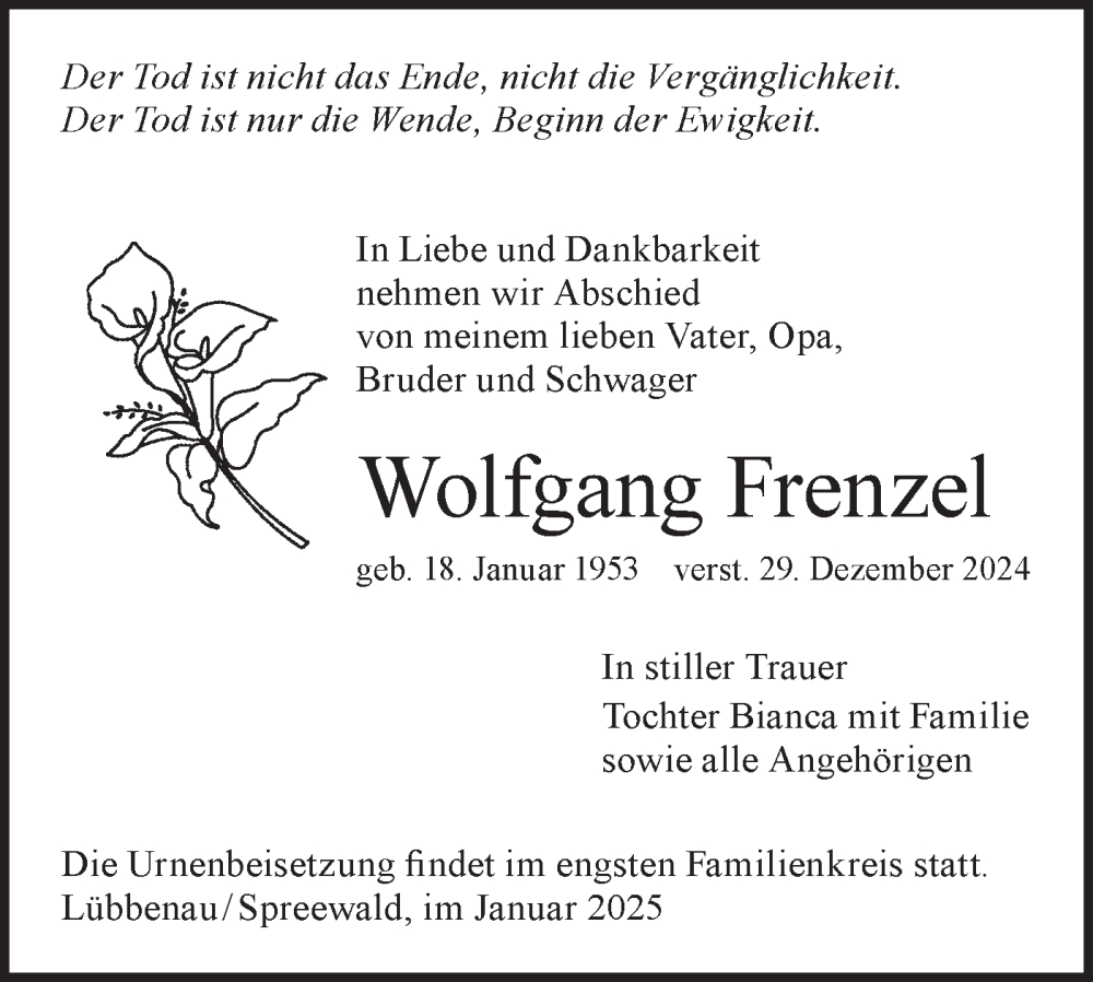  Traueranzeige für Wolfgang Frenzel vom 18.01.2025 aus Lausitzer Rundschau