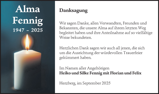 Traueranzeige von Alma Fennig von Lausitzer Rundschau
