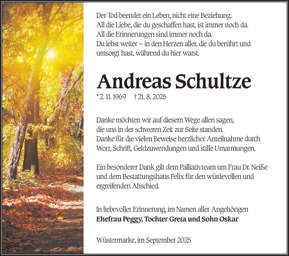  Traueranzeige für Andreas Schultze vom 04.10.2025 aus Lausitzer Rundschau