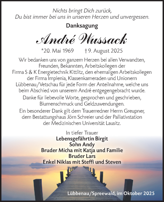 Traueranzeige von André Wussack von Ausg. LR Spreewald RS